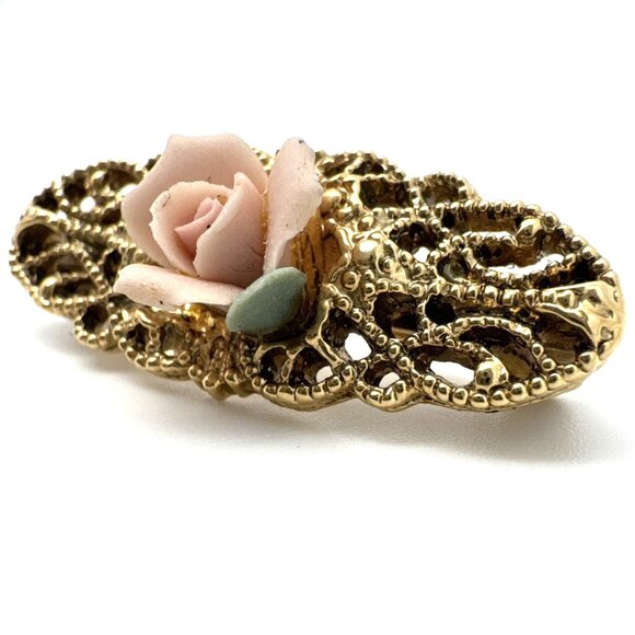 Small Dainty Porcelain Rose Bar Brooch Pin Gold Tone Open Work Floral Design - Picture 2 of 6